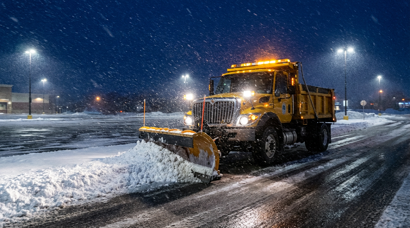 Snow plow truck clearing commercial lot at night